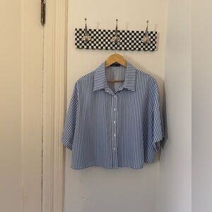 Blue and White Striped Button-Up Cropped Shirt